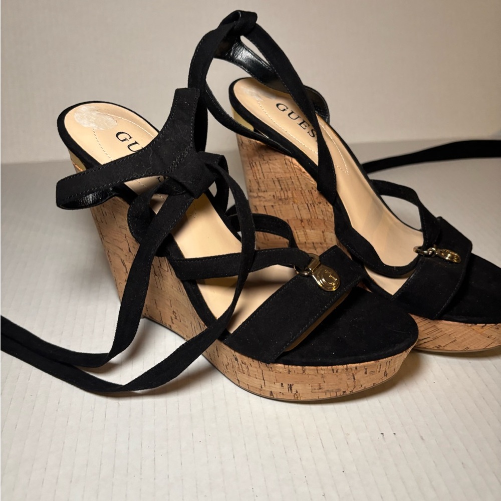 Guess Size 7.5M Suede Cork Platform Wedge Faux Heel Black Open Toe Shoes